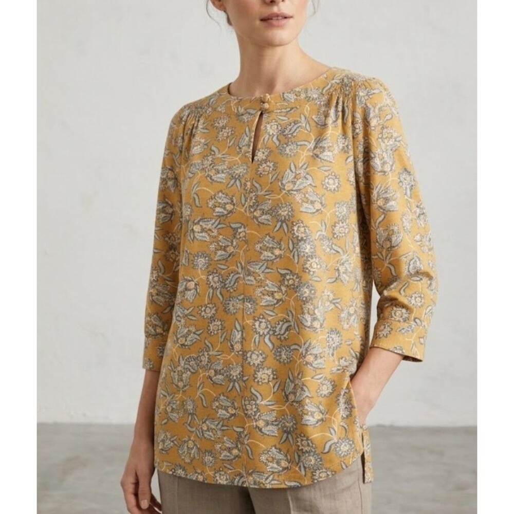 J Jill Size L Blouse Tencel Blend Mustard Yellow Floral Paisley Keyhole Knit